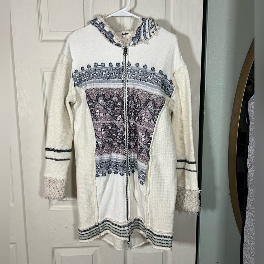 Free People Cream and Gray Hooded Zip Cardigan Shearling Hoodie
